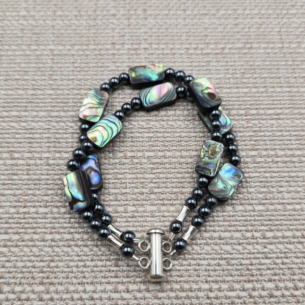 6.5 Inch Sterling Silver Abalone Shell And Hematite Stone Bracelet B877
